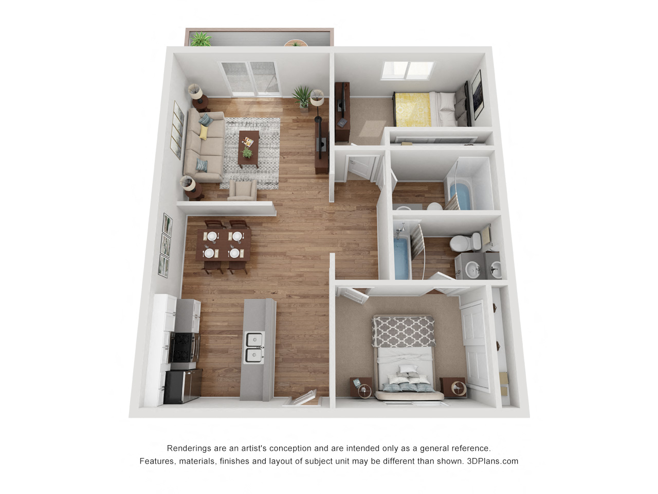 Floor plan for 2 beds, 2 baths, 970 sqft